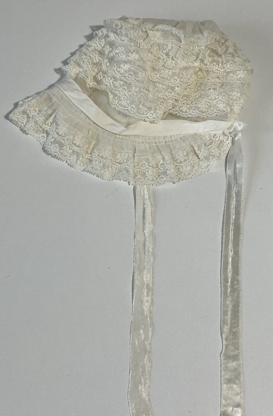 Vintage Lace Ruffle Baby Bonnet Christening White Victorian Baptism Heirloom Cap
